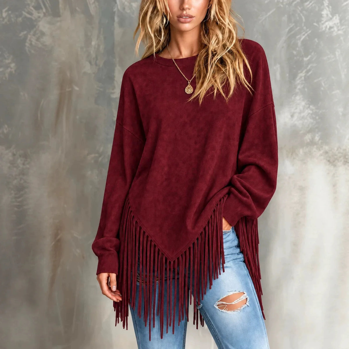 Naomi | Women's Suede-Look Tassel-Hem Jumper - Color:Wine Red;Size:XS
