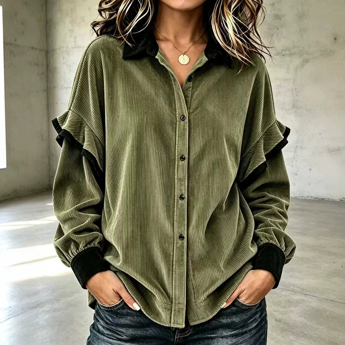 Nia | Women's Corduroy Long Sleeve Blouse - Color:Army Green;Size:XS