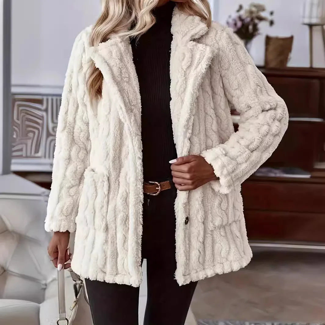 Nieve | Women's Double-Sided Plush Cardigan Coat - Color:Milky White;Size:XS