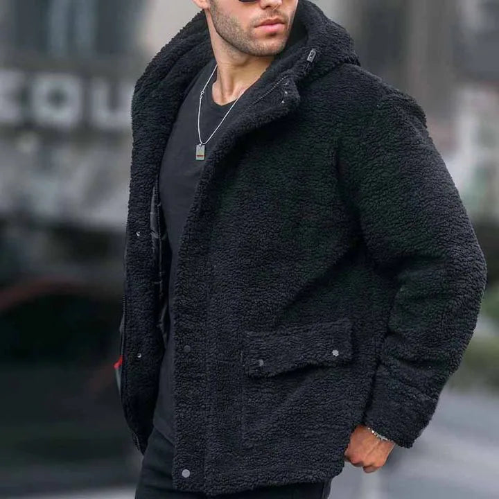 Noelle | Men's Fleece Teddy Hooded Jacket - Color:Black;Size:XS