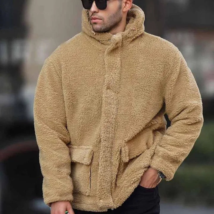 Noelle | Men's Fleece Teddy Hooded Jacket - Color:Khaki;Size:XS