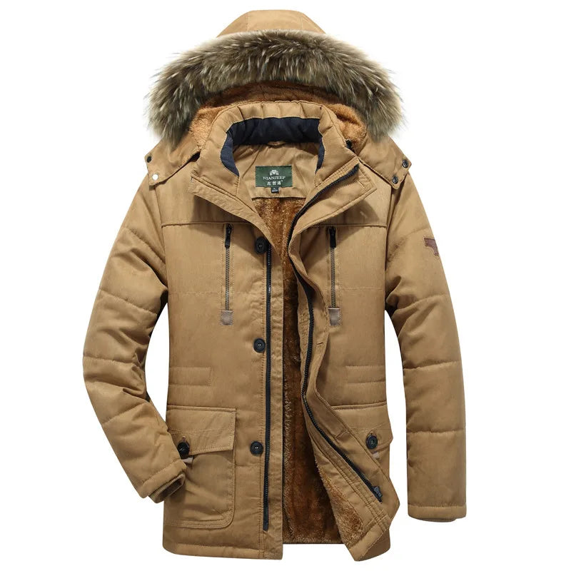 Nolan | Men's Hooded Fur Trench Coat - Color:Khaki;Size:M