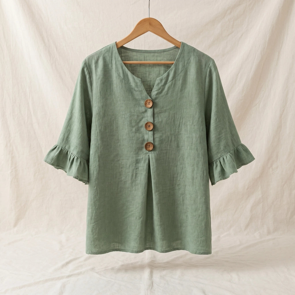 Jannet Cotton Linen V-Neck Top - Color:Olive Green;Size:XS