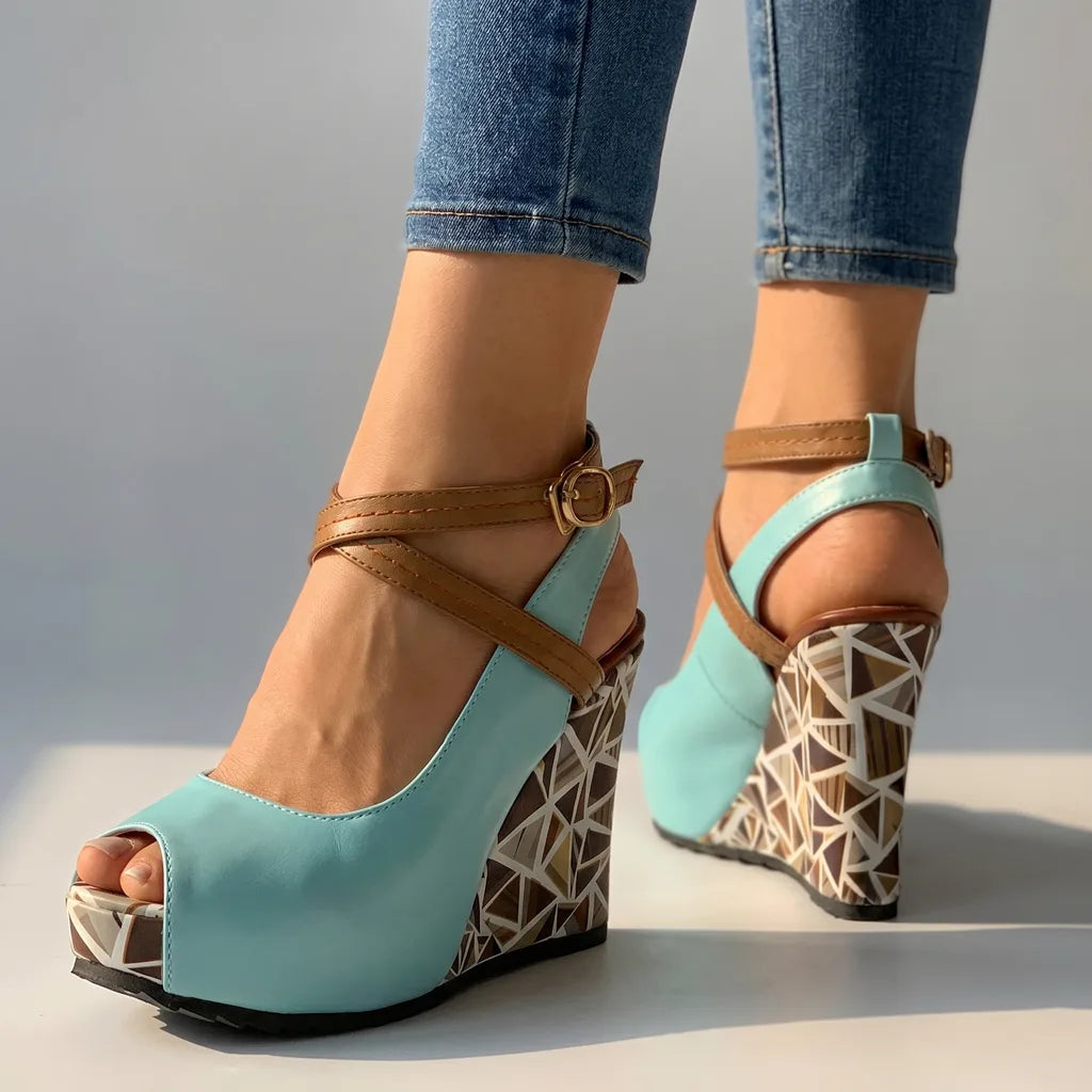 Olive Peep Toe Wedge Sandals - Color:Blue;Size:35
