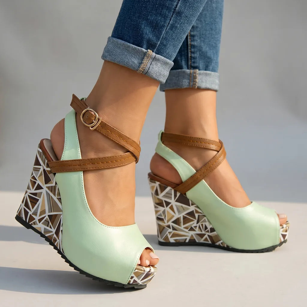Olive Peep Toe Wedge Sandals - Color:Green;Size:35