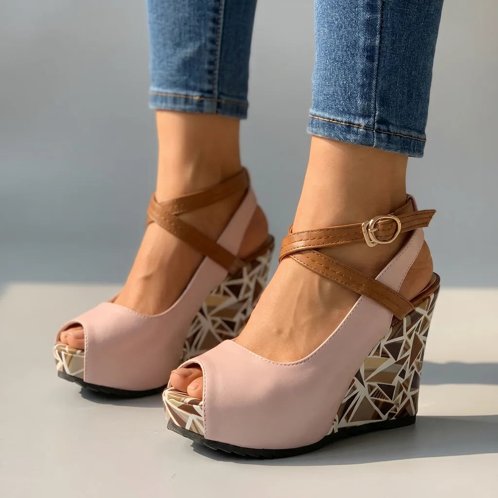 Olive Peep Toe Wedge Sandals - Color:Pink;Size:35