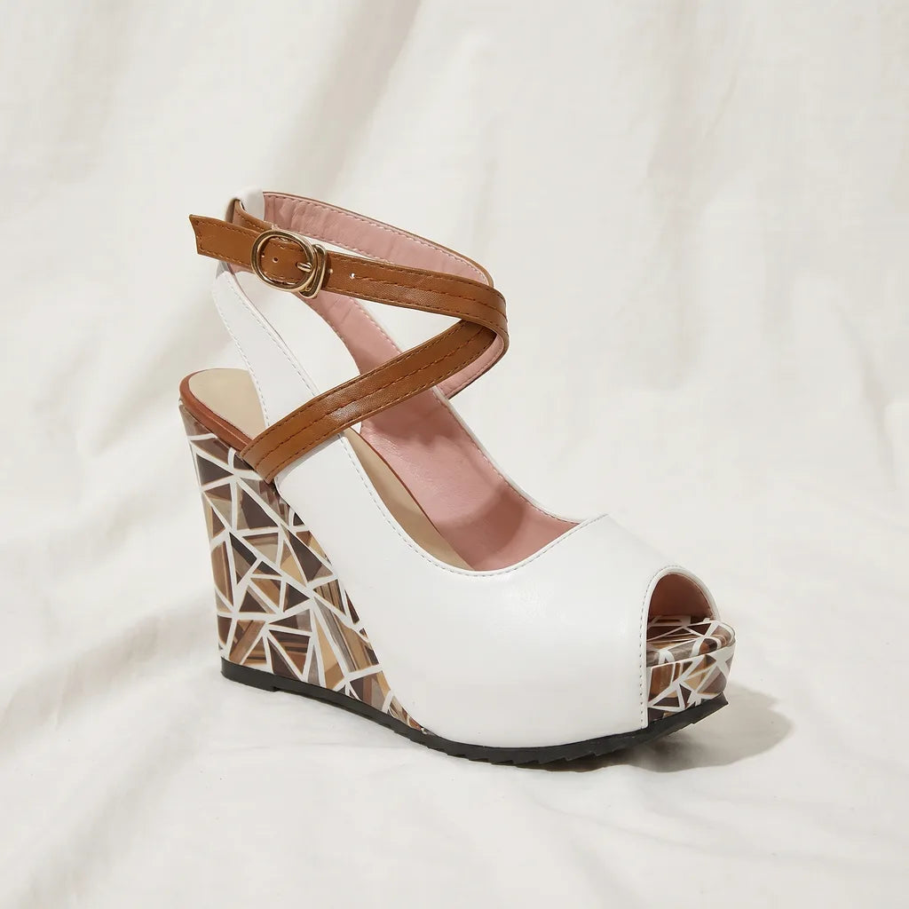 Women's White Olive Peep Toe Wedge Sandals