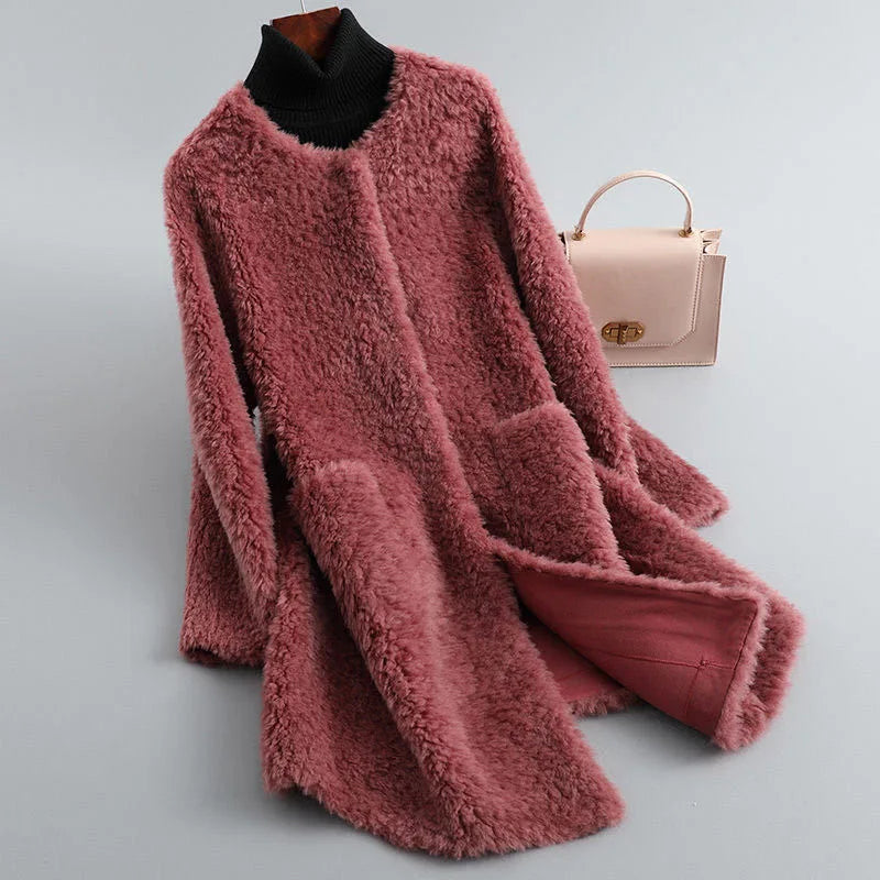 Ottilie | Women's Shearling Coat - Size:S;Color:Crimson Red