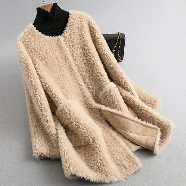 Ottilie | Women's Shearling Coat - Size:S;Color:Khaki Beige