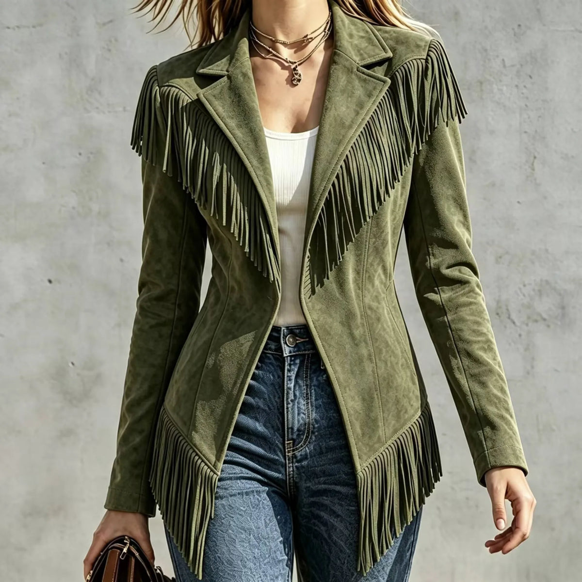 Paige | Women's Fringed Suede Jacket - Color:Army Green;Size:XS