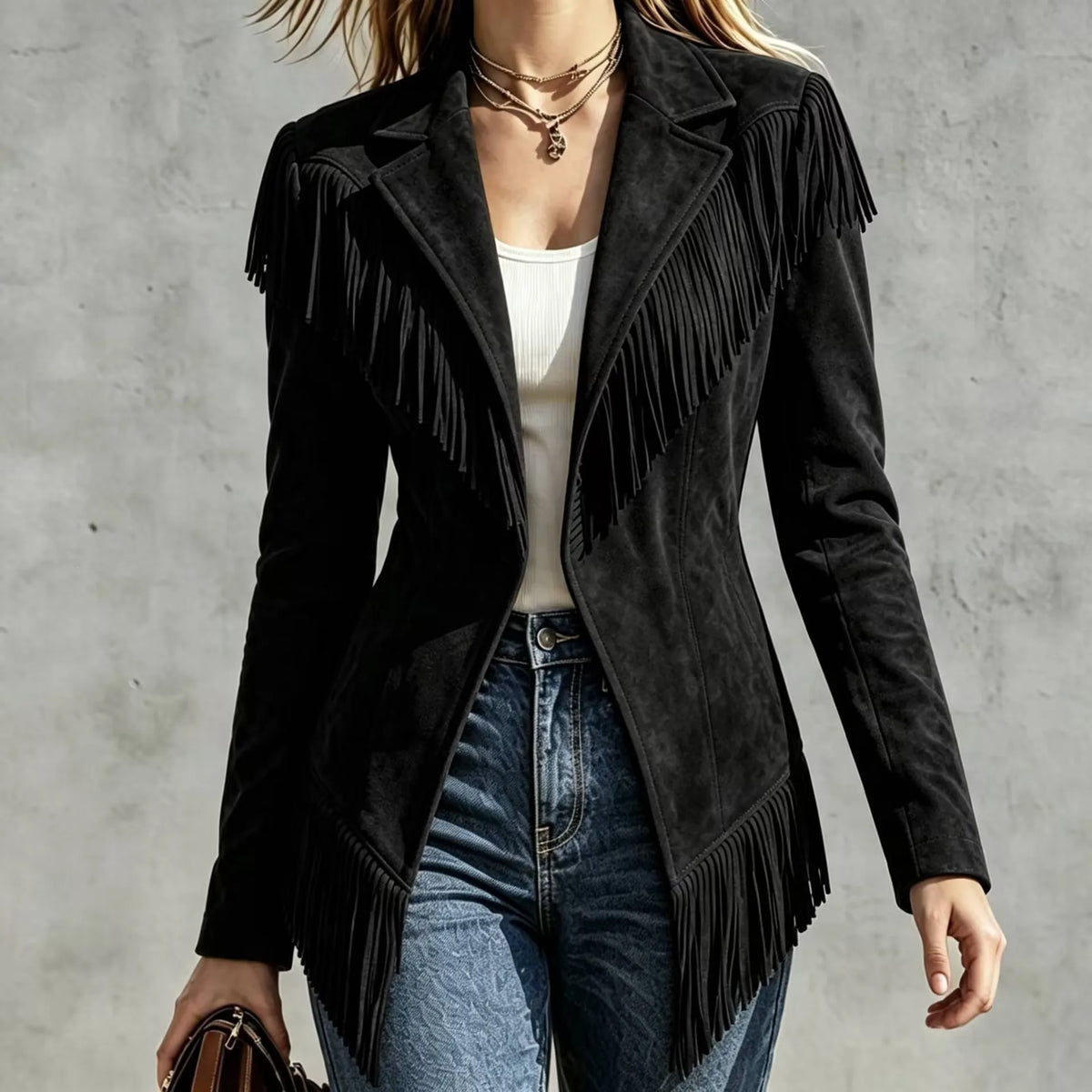 Paige | Women's Fringed Suede Jacket - Color:Black;Size:XS