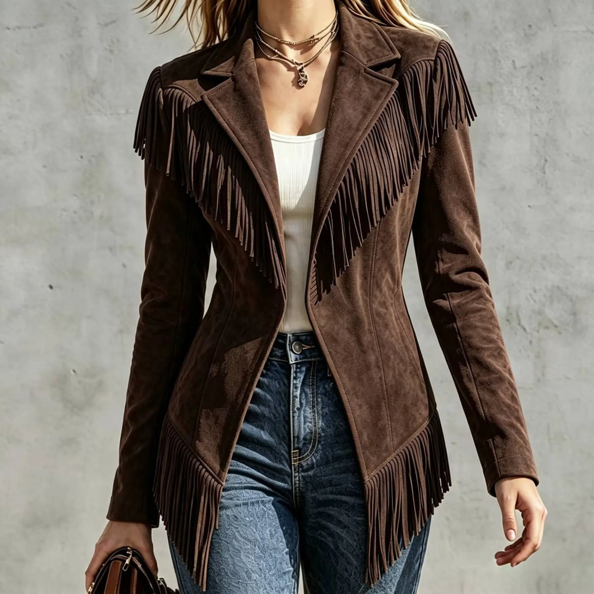 Paige | Women's Fringed Suede Jacket - Color:Coffee;Size:XS
