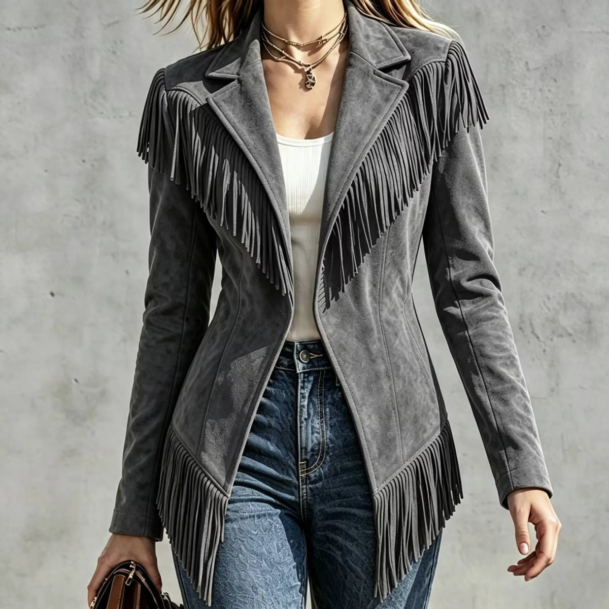 Paige | Women's Fringed Suede Jacket - Color:Grey;Size:XS