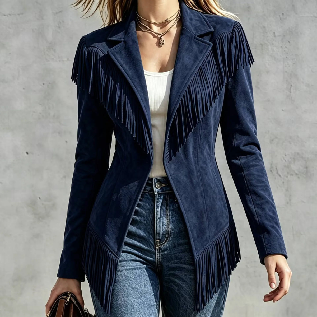 Paige | Women's Fringed Suede Jacket - Color:Navy Blue;Size:XS