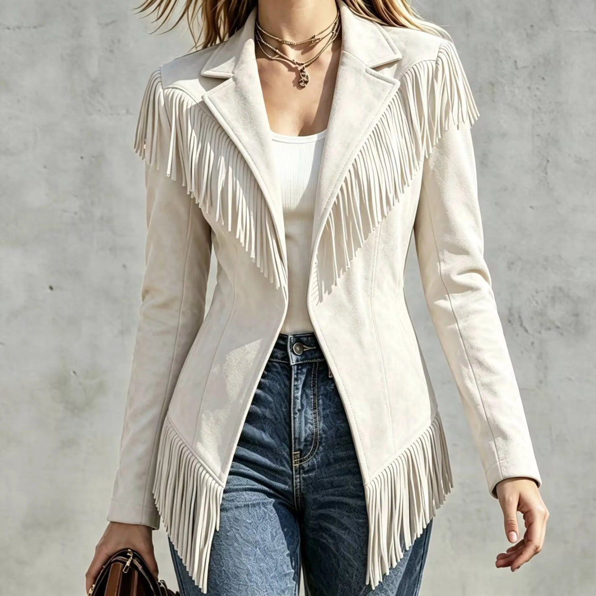 Paige | Women's Fringed Suede Jacket - Color:White;Size:XS