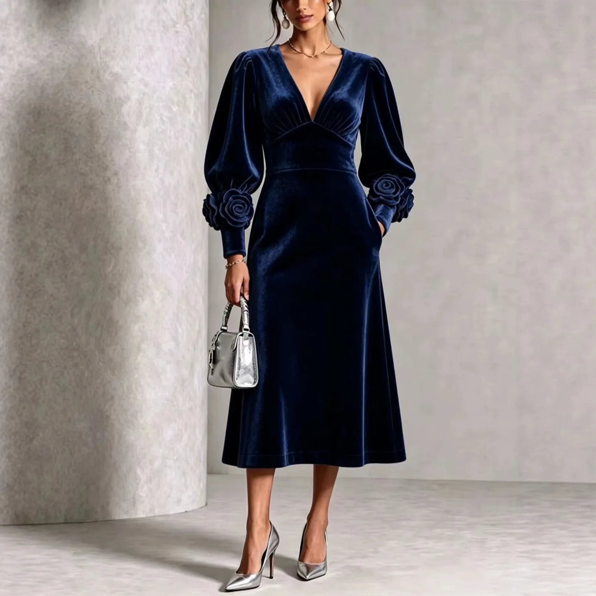 Patricia | Women's Elegant Christmas Dress - Color:Dark Blue;Size:S