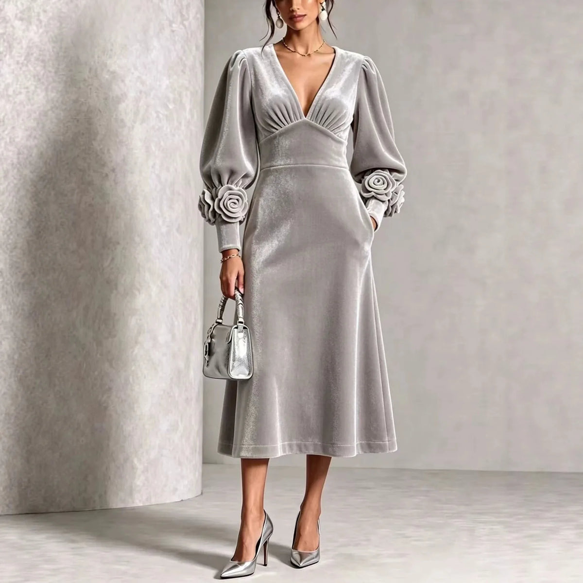 Patricia | Women's Elegant Christmas Dress - Color:Gray;Size:S