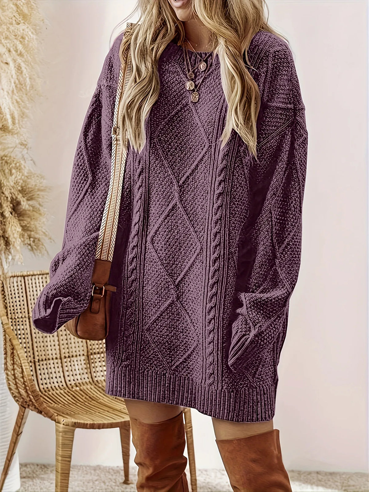 Pauline | Women's Cable-Textured Sweater Dress  - Size:S;Color:Purple