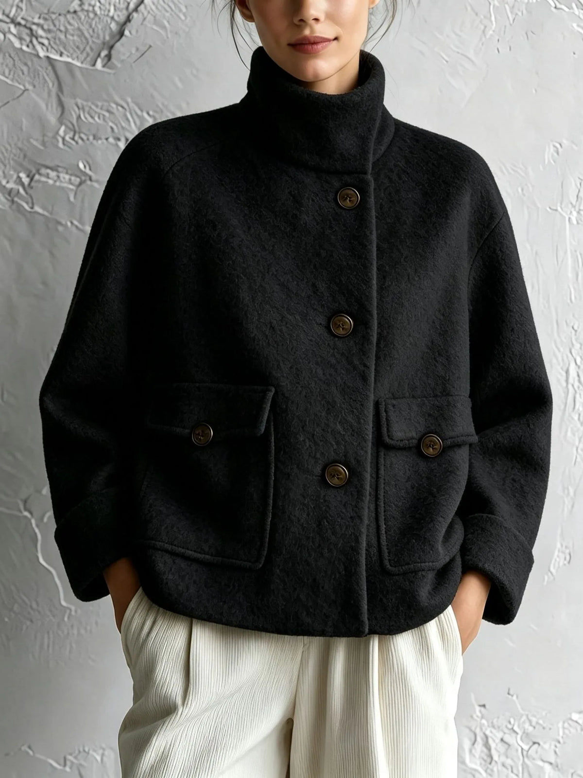 Peggy | Women's High-Neck Plush Pocket Coat  - Color:Black;Size:XS