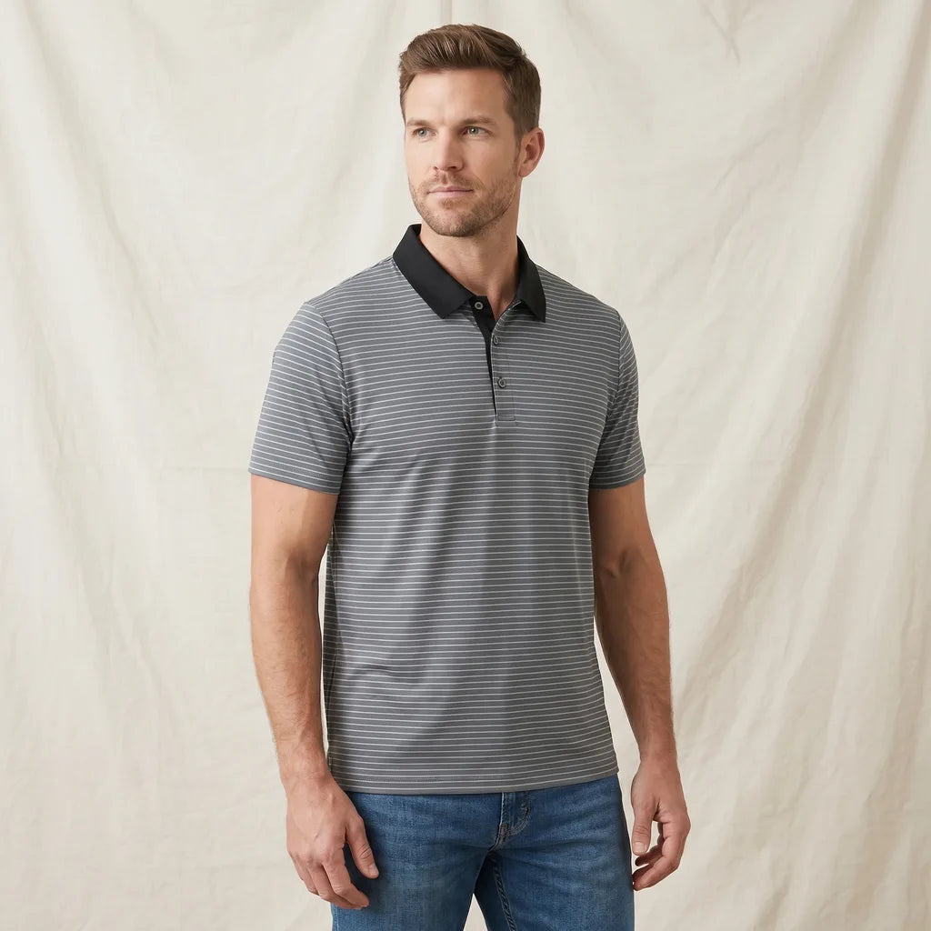 Gray Phelps Striped Knit Polo Shirt 1