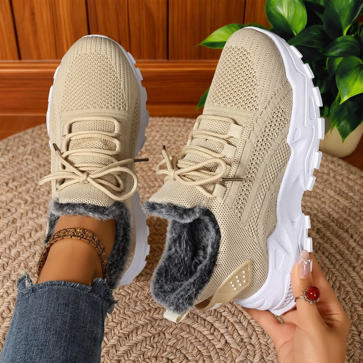 Poppie | Women's Fleece Lined Winter Trainers - Color:Beige;Size:36