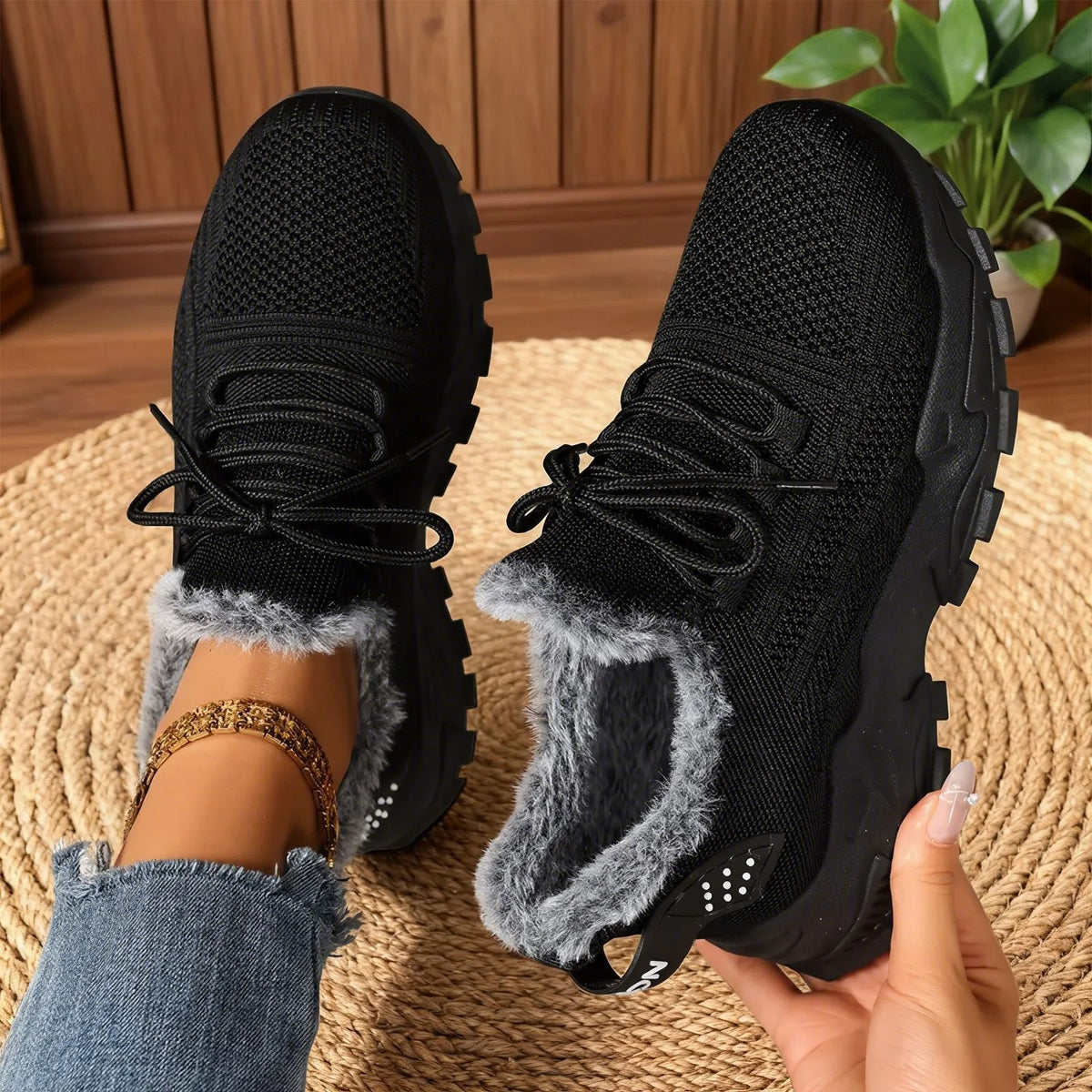 Poppie | Women's Fleece Lined Winter Trainers - Color:Black;Size:36
