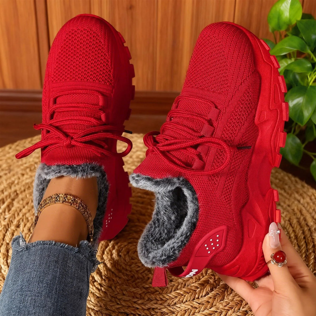 Poppie | Women's Fleece Lined Winter Trainers - Color:Red;Size:36