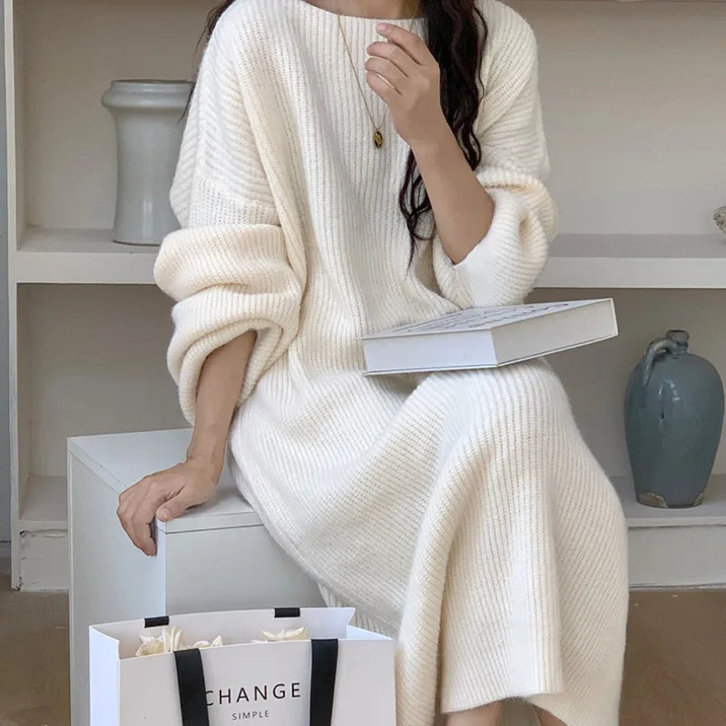 Poppy | Women's Knitted Jumper Dress - Color:White;Size:S