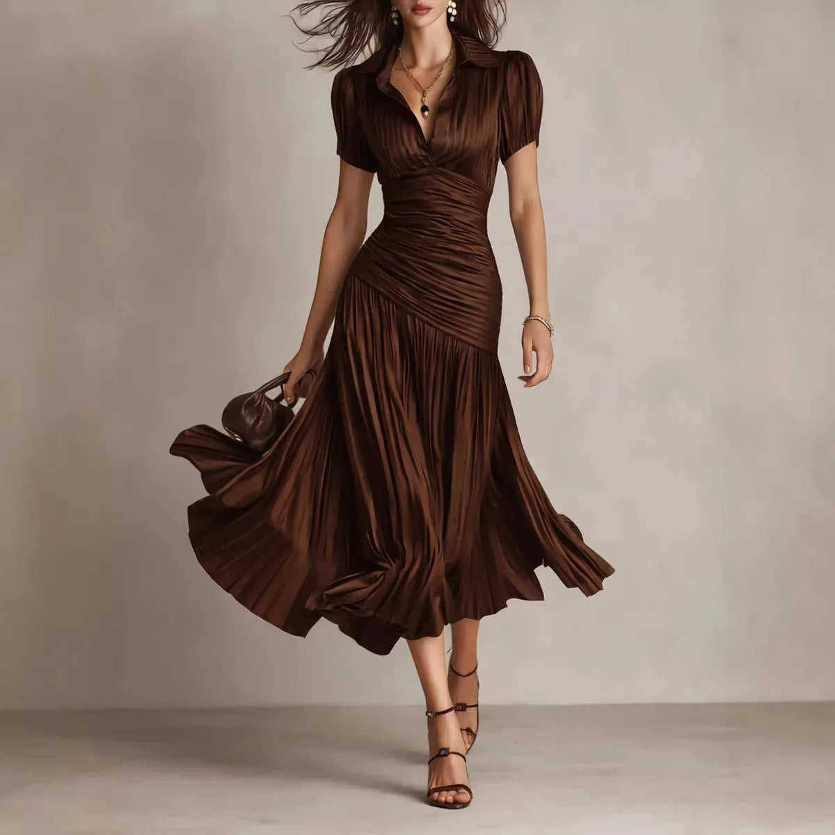 Quayle | Women's Satin Midi Dress  - Color:Brown;Size:XS