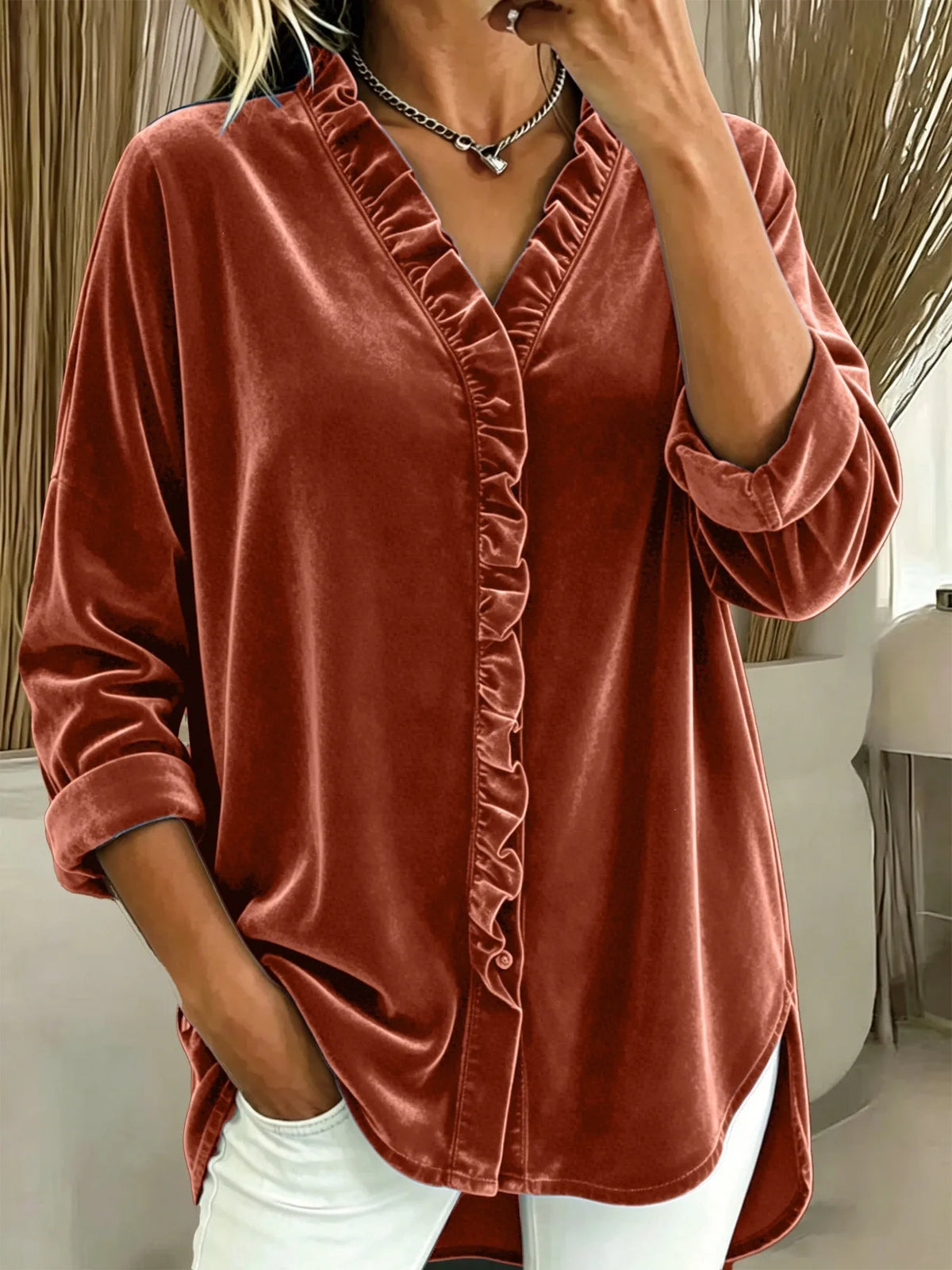 Quinn | Women's V Neck Velvet Blouse  - Color:Orange;Size:XS