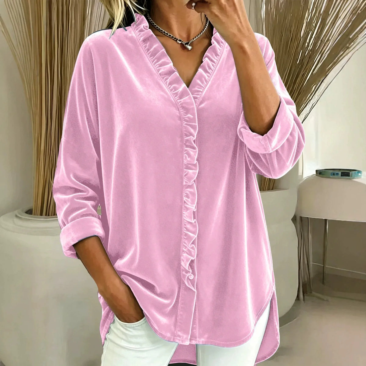 Quinn | Women's V Neck Velvet Blouse  - Color:Pink;Size:XS