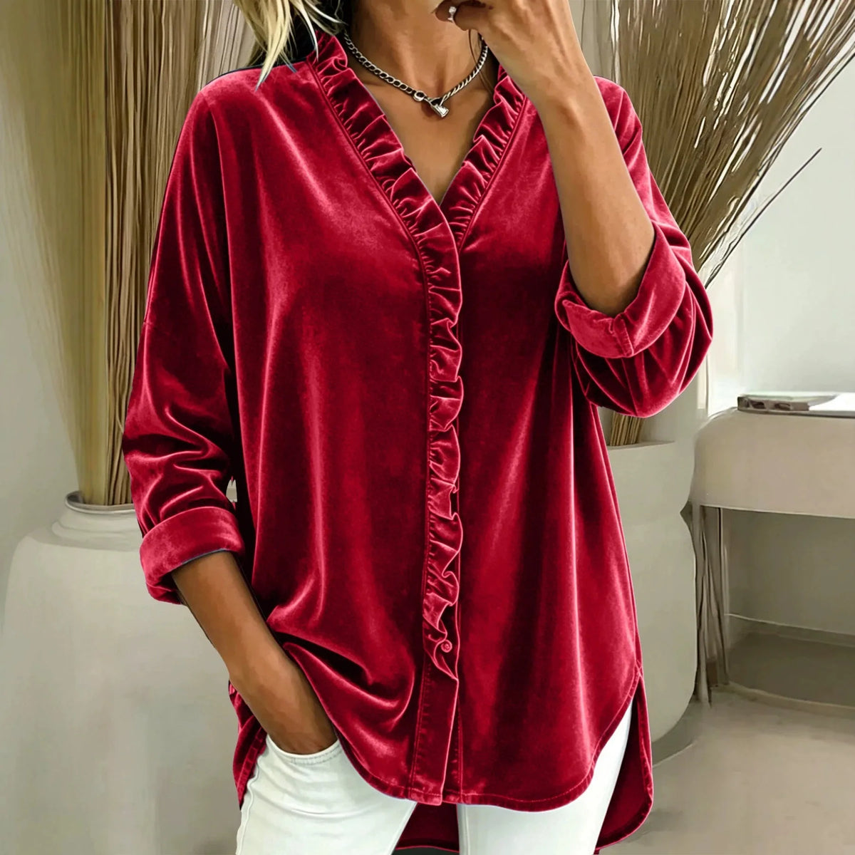 Quinn | Women's V Neck Velvet Blouse  - Color:Red;Size:XS
