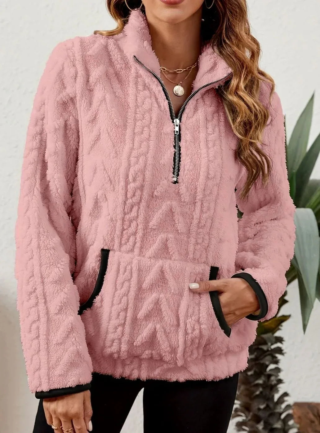 Cozy Fleece Half-Zip Sweater Pink4.webp