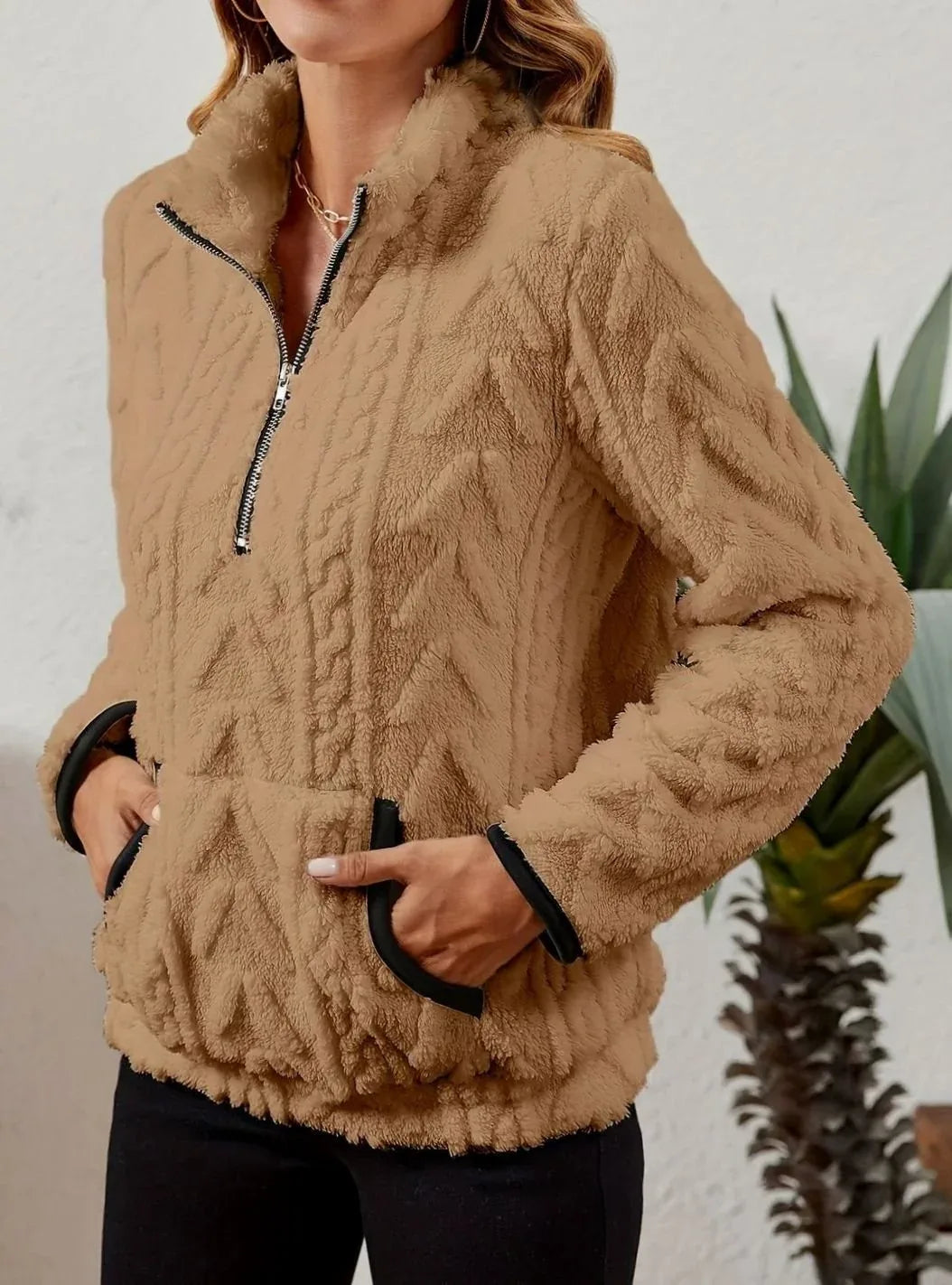 Cozy Fleece Half-Zip Sweater Khaki3.webp