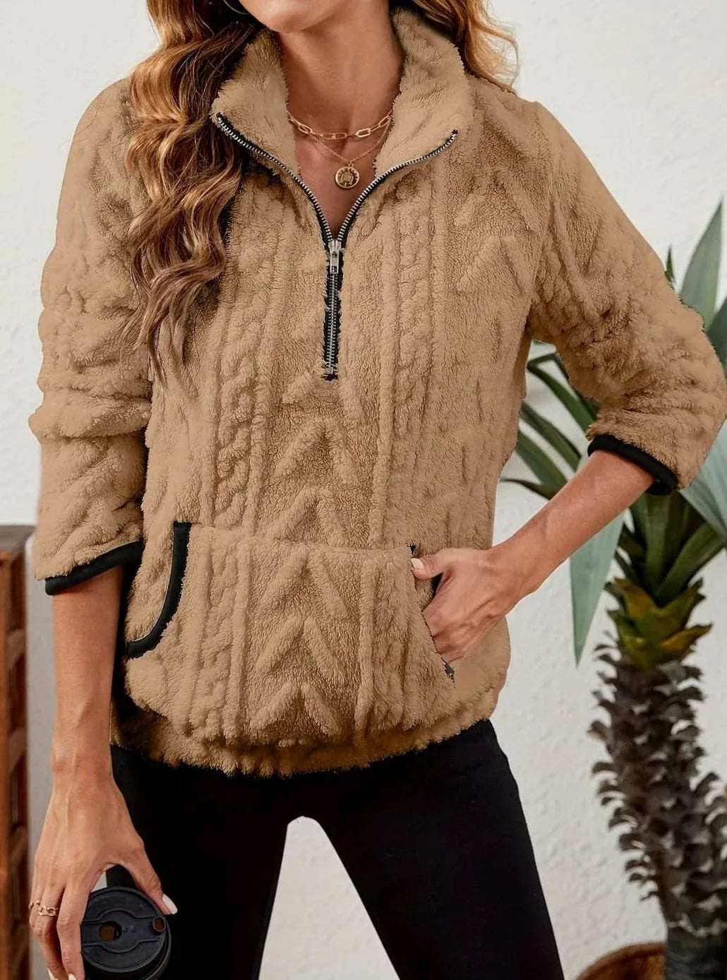 Cozy Fleece Half-Zip Sweater Khaki1.webp