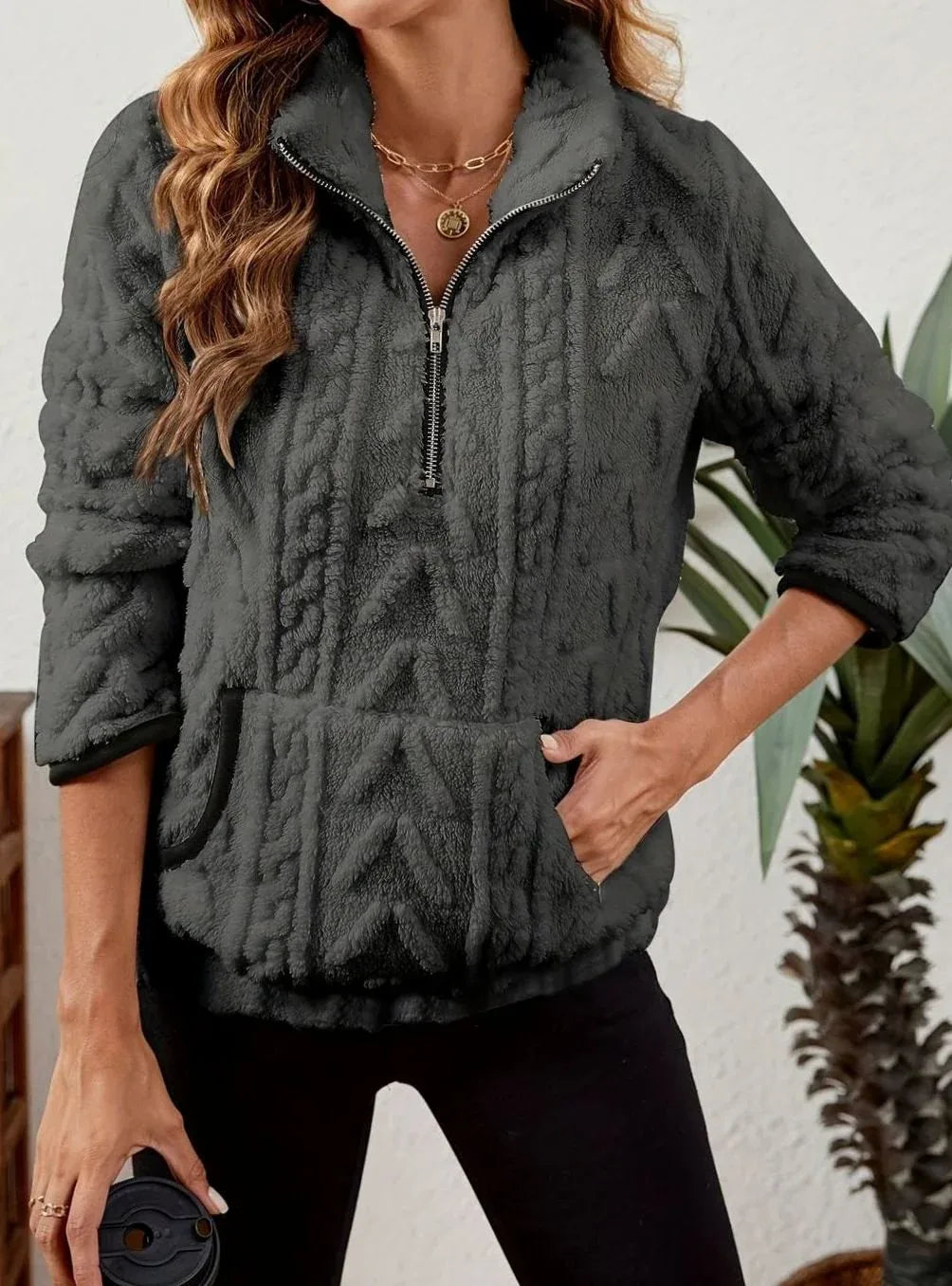 Cozy Fleece Half-Zip Sweater Dark Grey1.webp