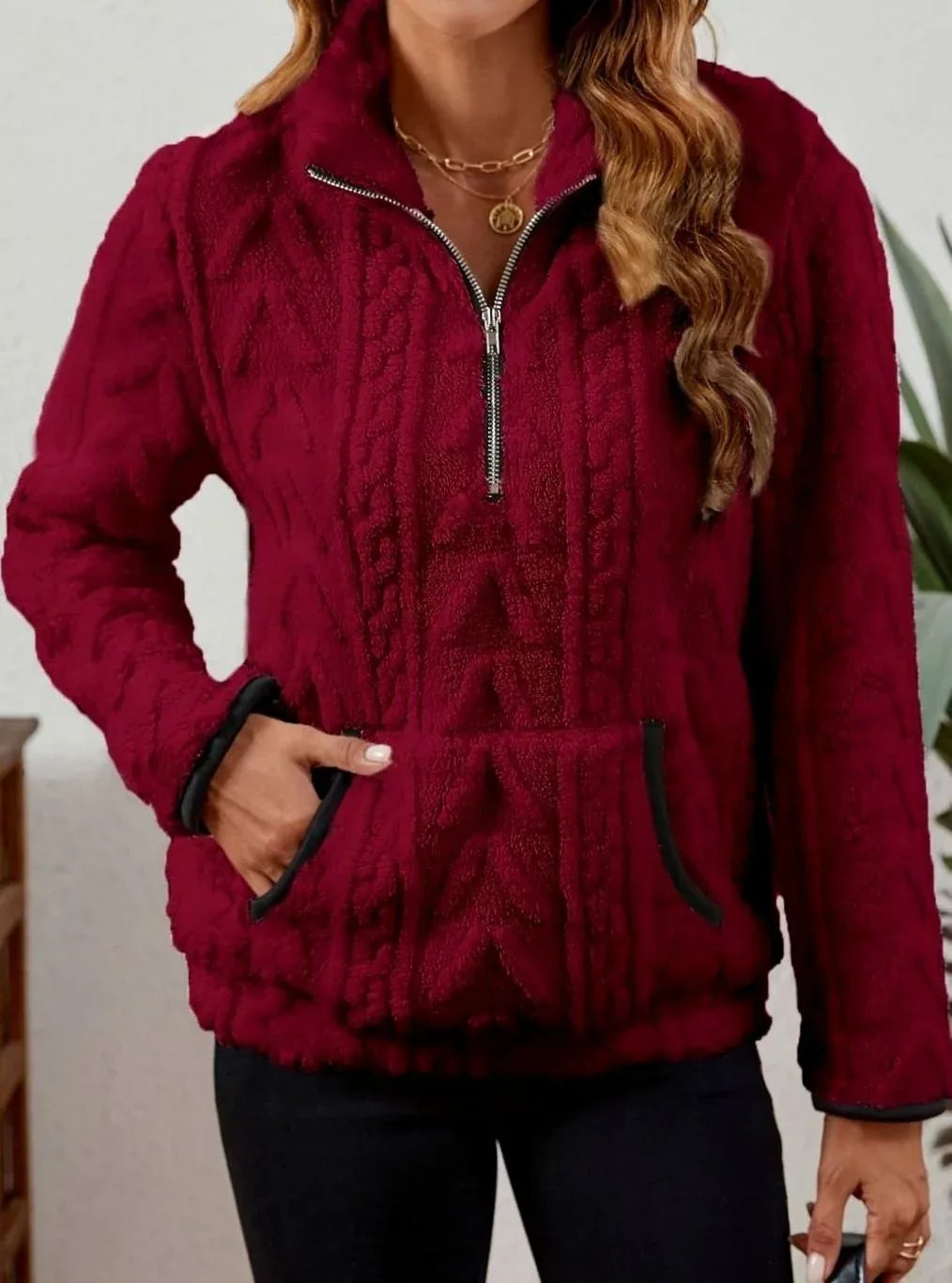 Cozy Fleece Half-Zip Sweater Red 2.webp