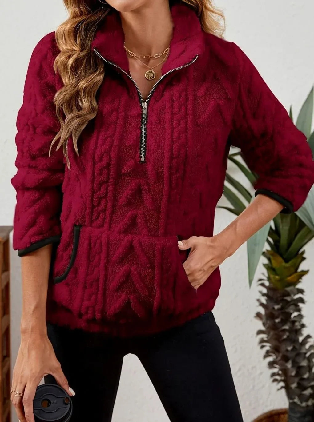 Cozy Fleece Half-Zip Sweater Red 3.webp