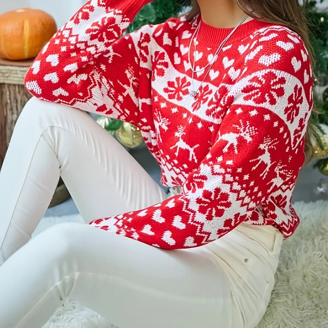 Remie | Women's Festive Fair Isle Jumper - Color:Red-White;Size:XS