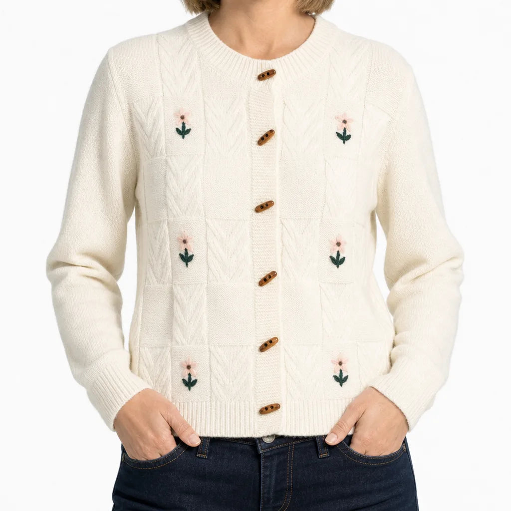 Renee | Women's Floral-Embroidered Buttoned Knitted Cardigan  - Color:Off-White;Size:One size