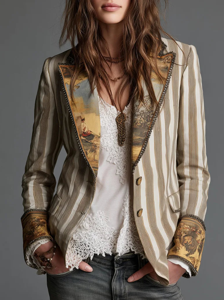 Rhea | Women's Boho Striped Jacket - Color:Khaki;Size:XS