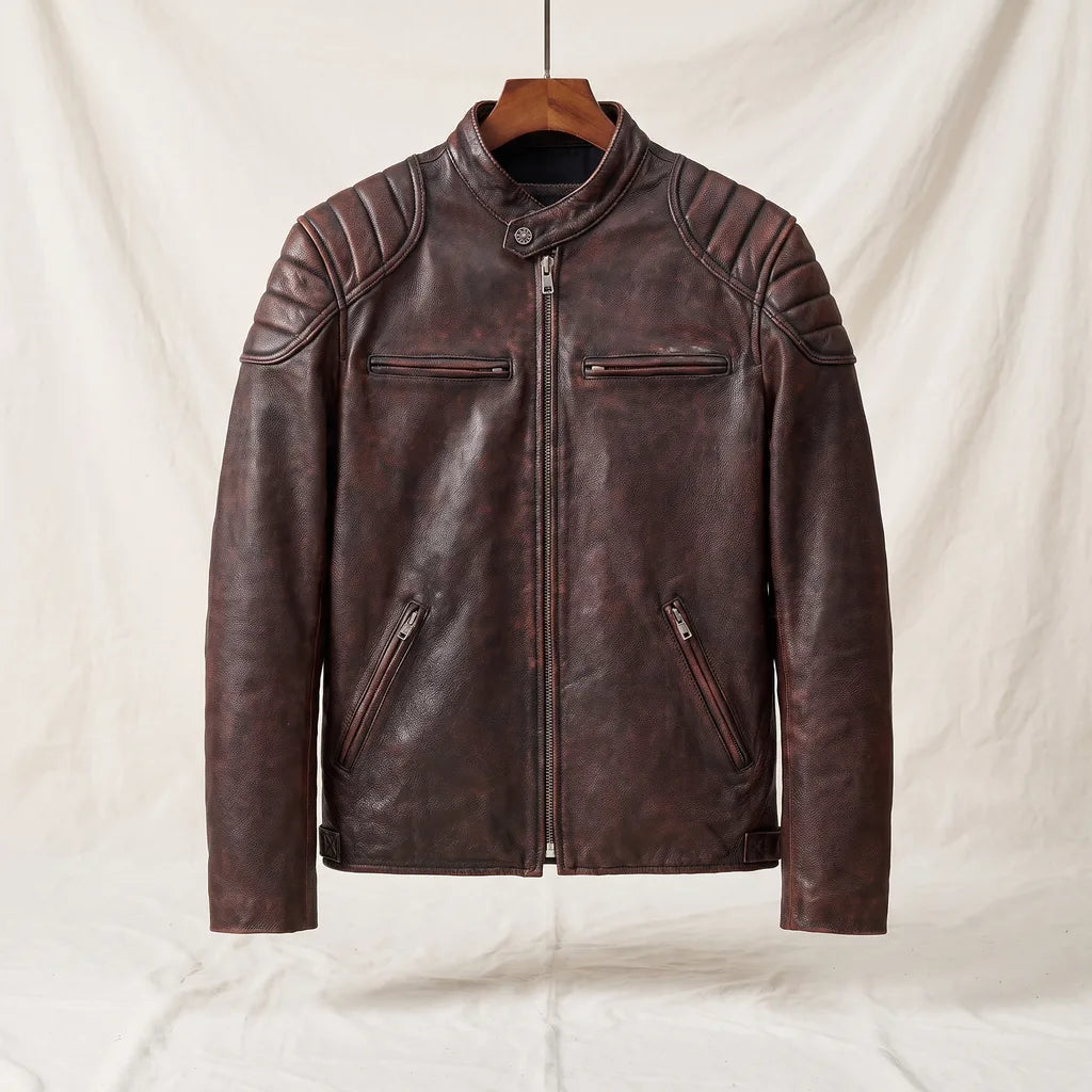 Ritchie Distressed Leather Jacket - Color:Brown;Size:XS