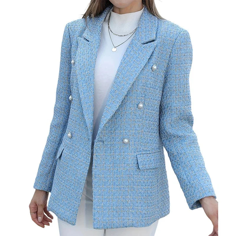 Rosa | Women's Tweed Plaid Blazer  - Color:Baby Blue;Size:XS