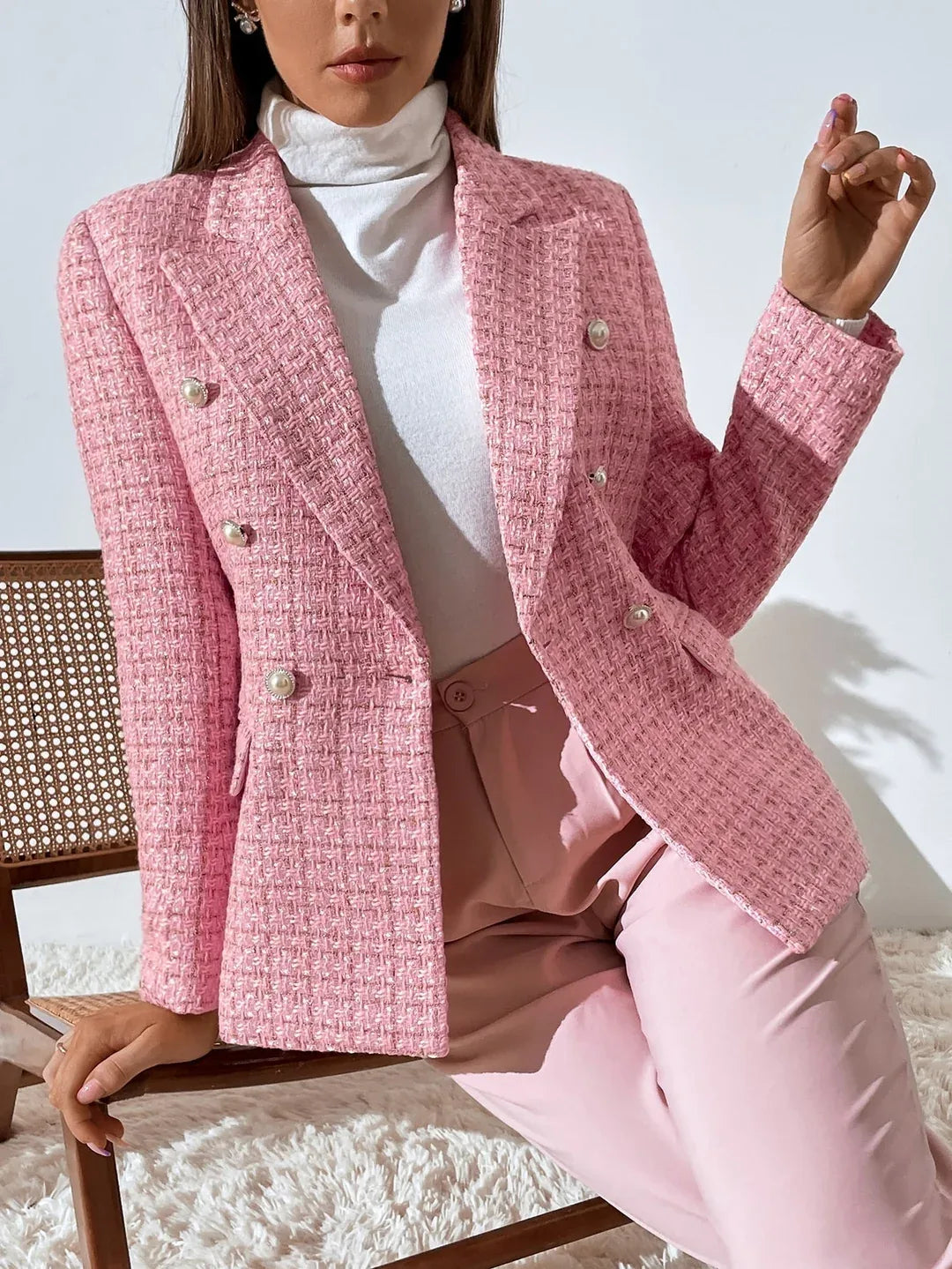 Rosa | Women's Tweed Plaid Blazer  - Color:Pink;Size:XS