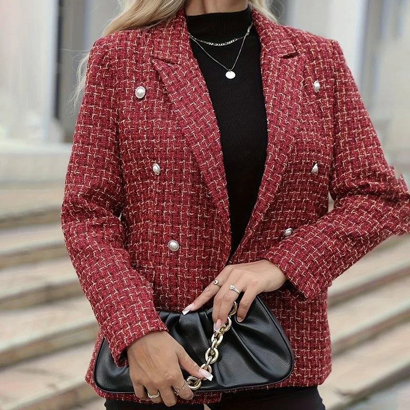 Rosa | Women's Tweed Plaid Blazer  - Red