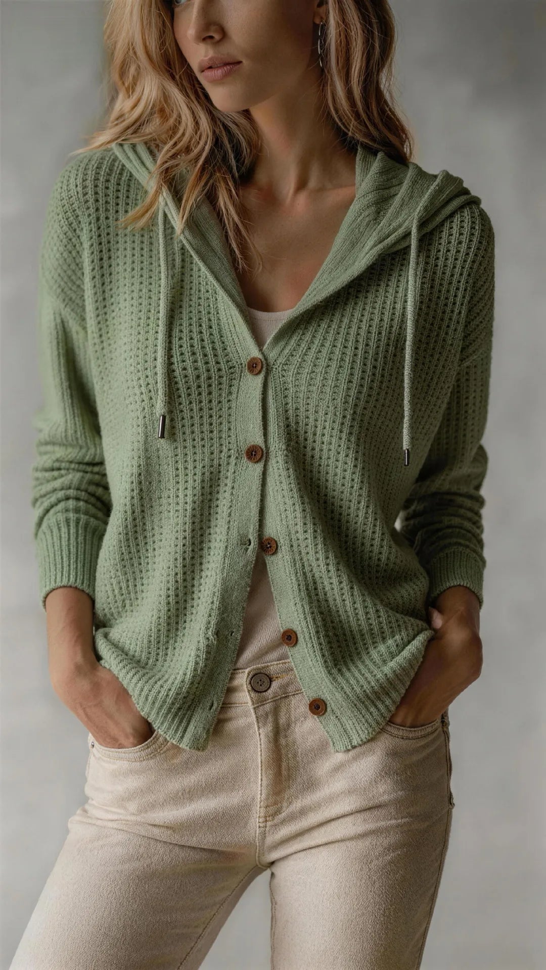 Rosalie | Women Hooded Waffle Knit Cardigan - Size:XS;Color:Green