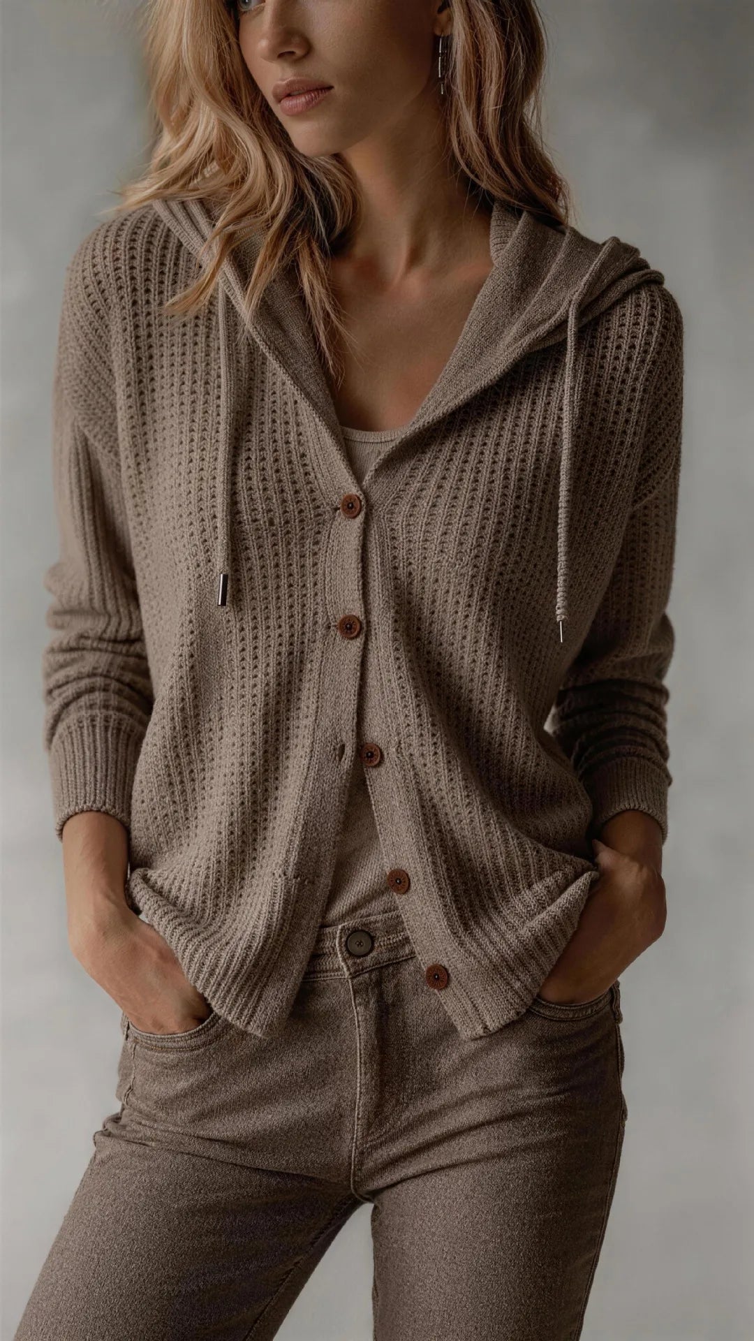 Rosalie | Women Hooded Waffle Knit Cardigan - Size:XS;Color:Khaki