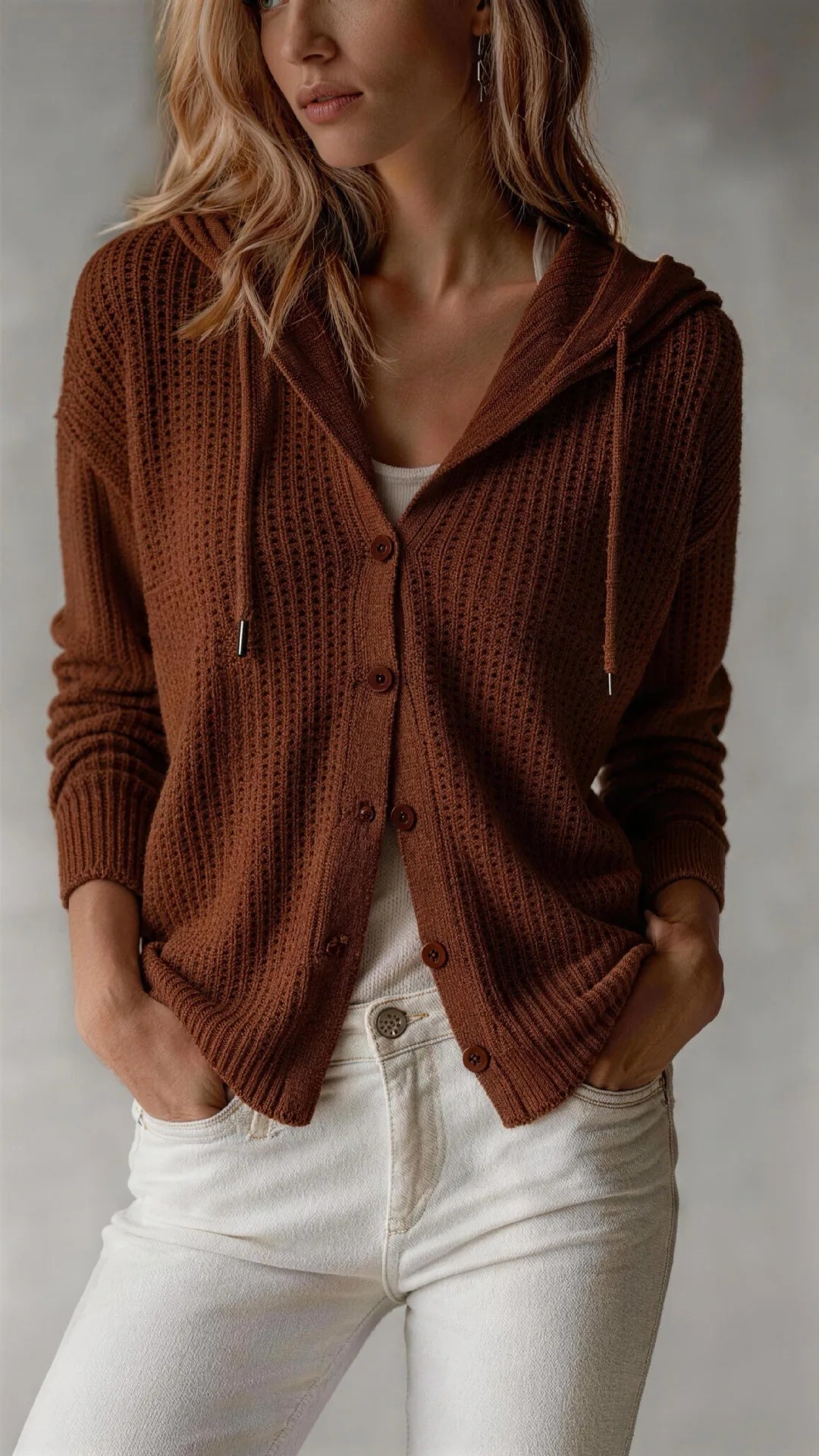 Rosalie | Women Hooded Waffle Knit Cardigan - Size:XS;Color:Maroon