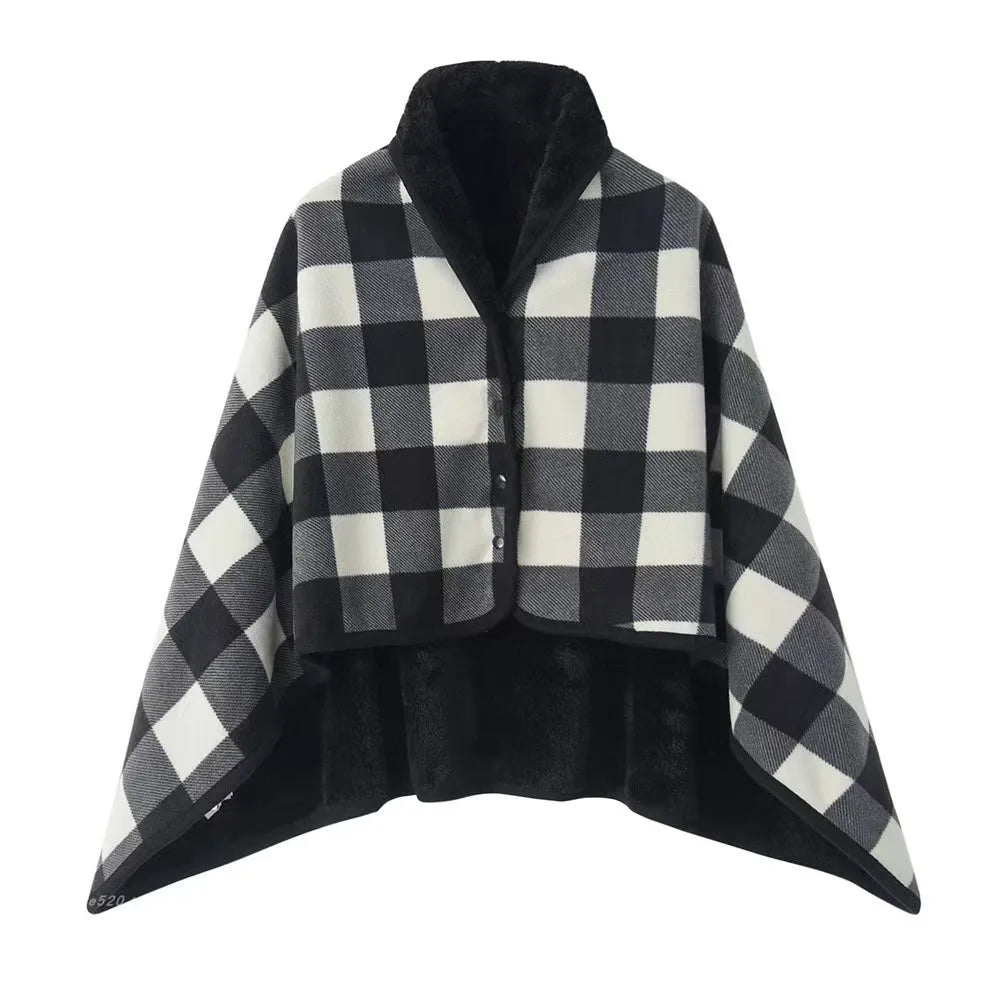 Rosalie | Women's Buttoned Wrap Shawl - Size:31.5*53.15 inch;Color:Black And White Grid