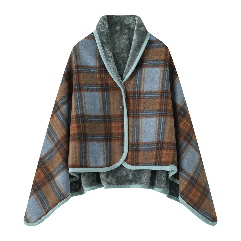 Rosalie | Women's Buttoned Wrap Shawl - Size:31.5*53.15 inch;Color:Brown Gray Grid